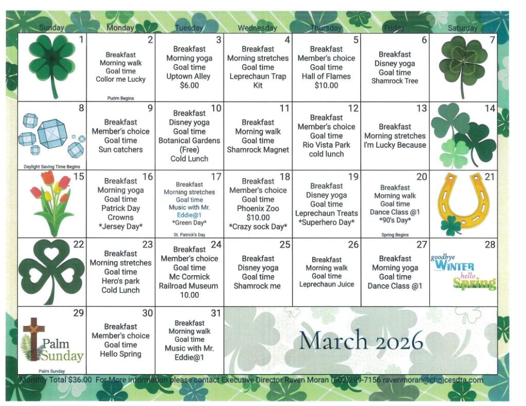 Glendale location March 2026 activity calendar